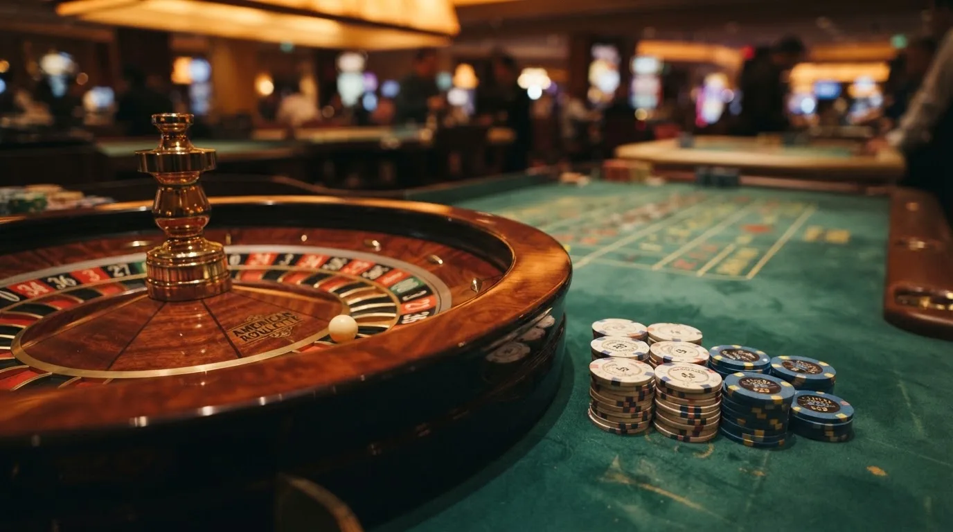 Rulettipyörä ja pelimerkit vihreällä huovalla lämpimässä iltavalossa — casino ventti