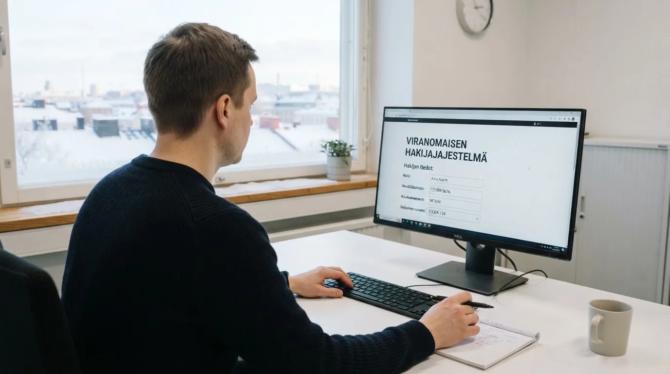 Virkailija istuu vaaleassa virastohuoneessa tietokoneen ääressä, ikkunasta näkyy talvinen kaupunkimaisema.