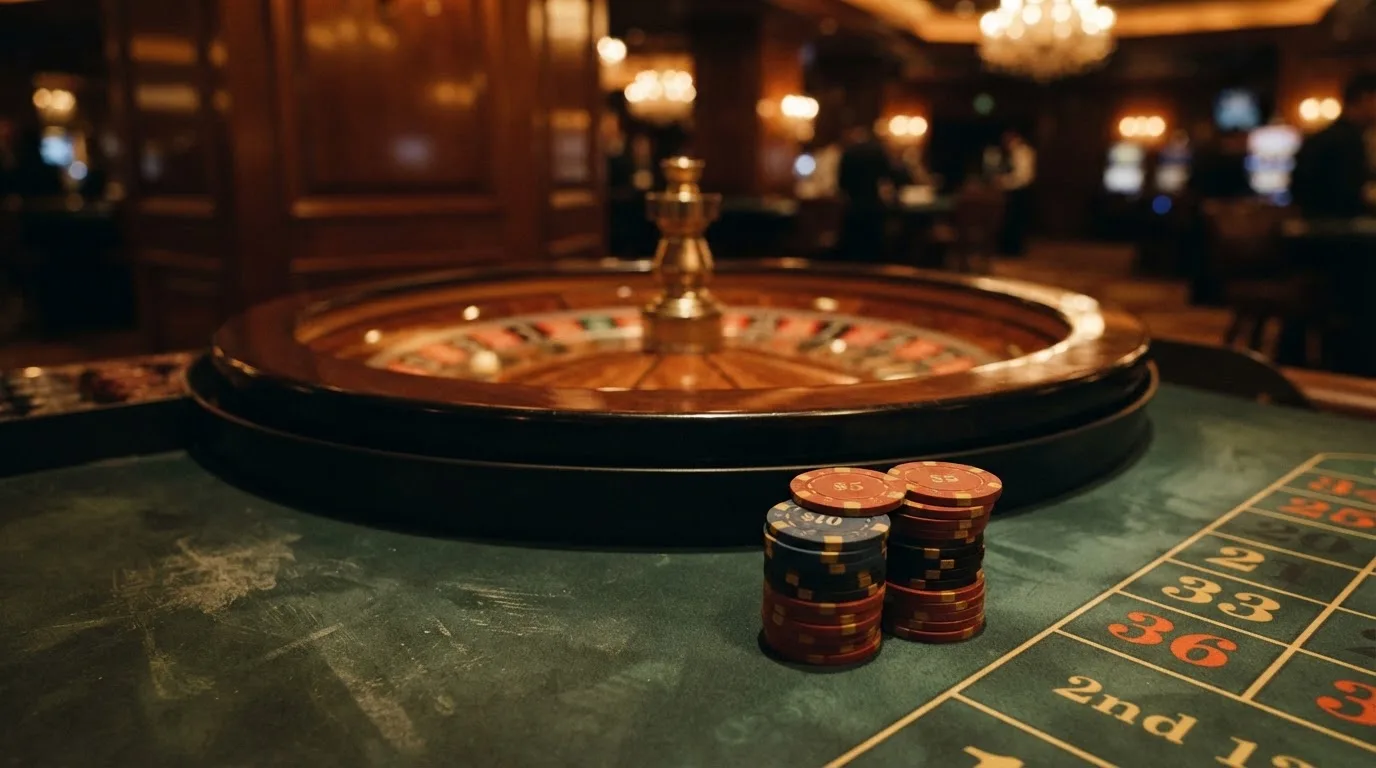 Rulettipyörä ja pelimerkit vihreällä huovalla lämpimässä iltavalossa — kolikkopelit casino pelit
