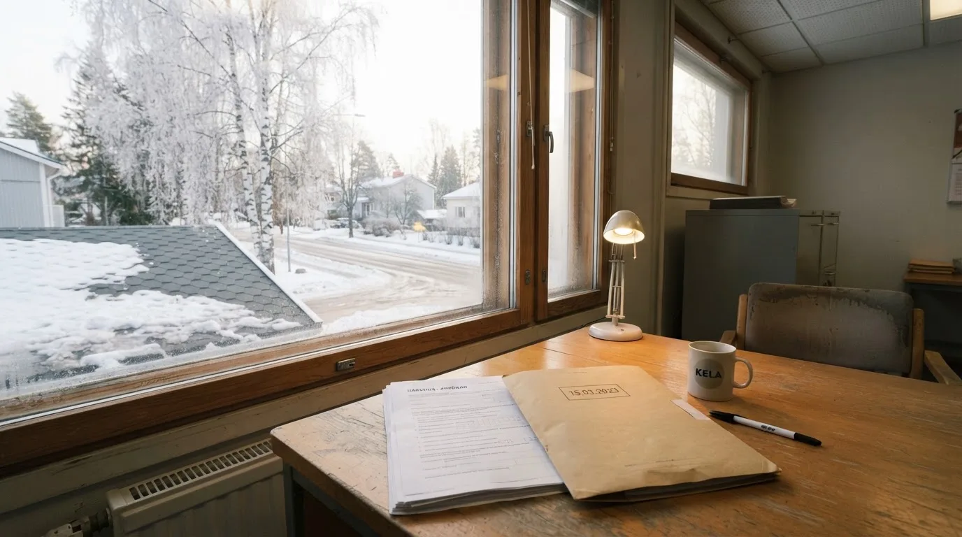 Toimistohuoneen ikkunasta näkyy maaliskuun aamu, lumi sulaa katolla auringonpaisteessa hiljaisella aamulla.