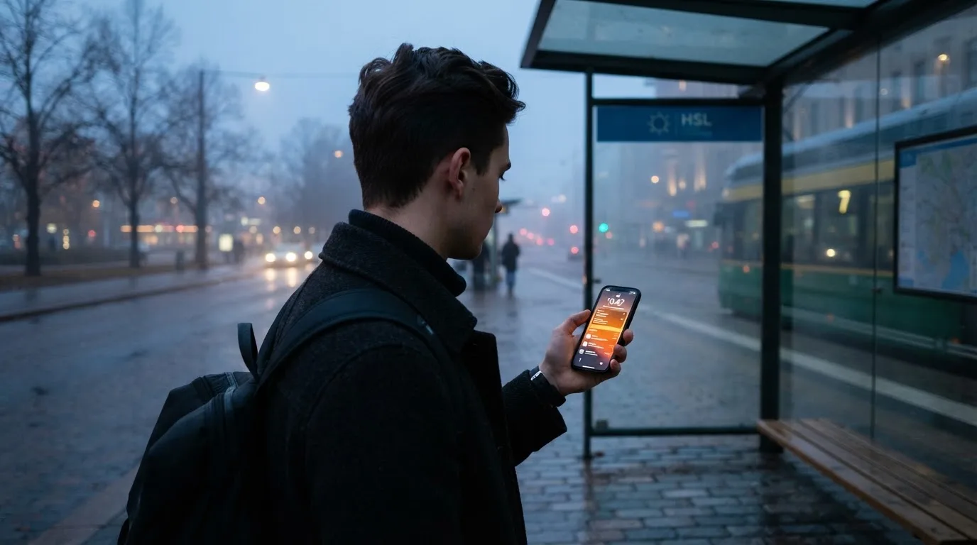 Nuori mies selaa älypuhelinta bussipysäkillä odottaessaan iltapäivällä, taustalla sumuinen katunäkymä.